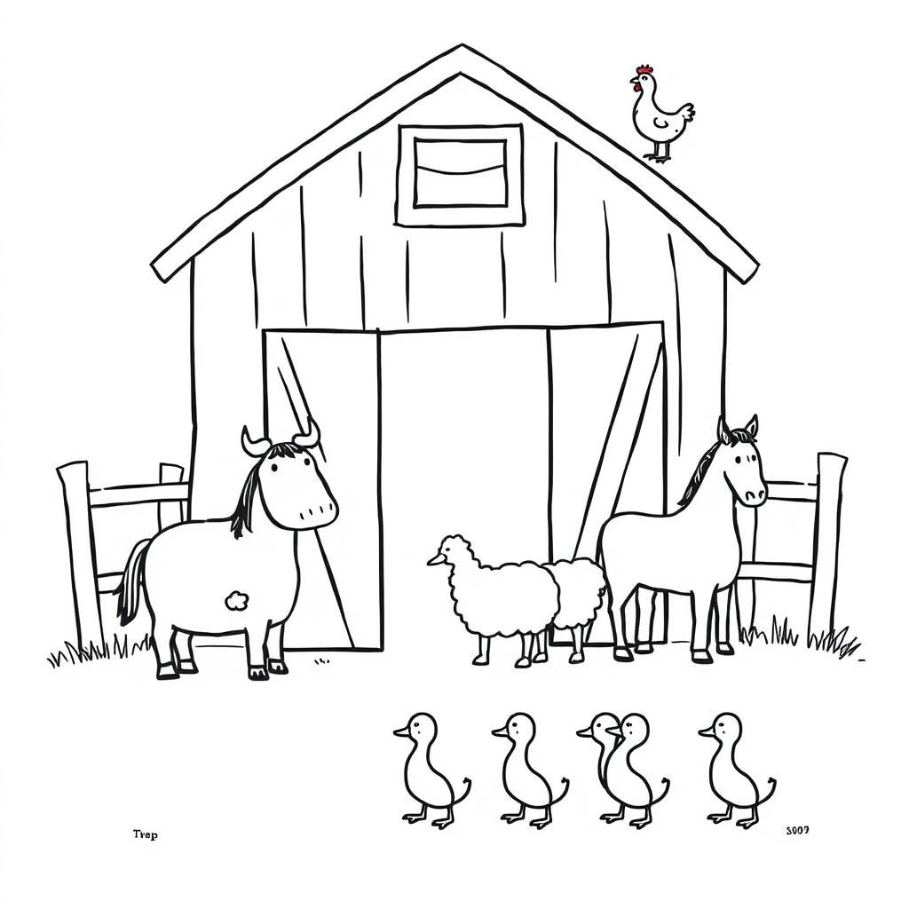 A simple black and white drawing depicting a farm scene