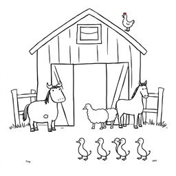 A simple black and white drawing depicting a farm scene