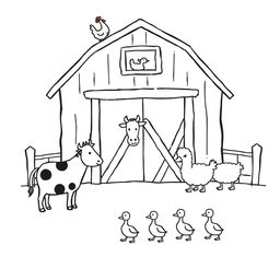 A simple black and white drawing depicting a farm scene