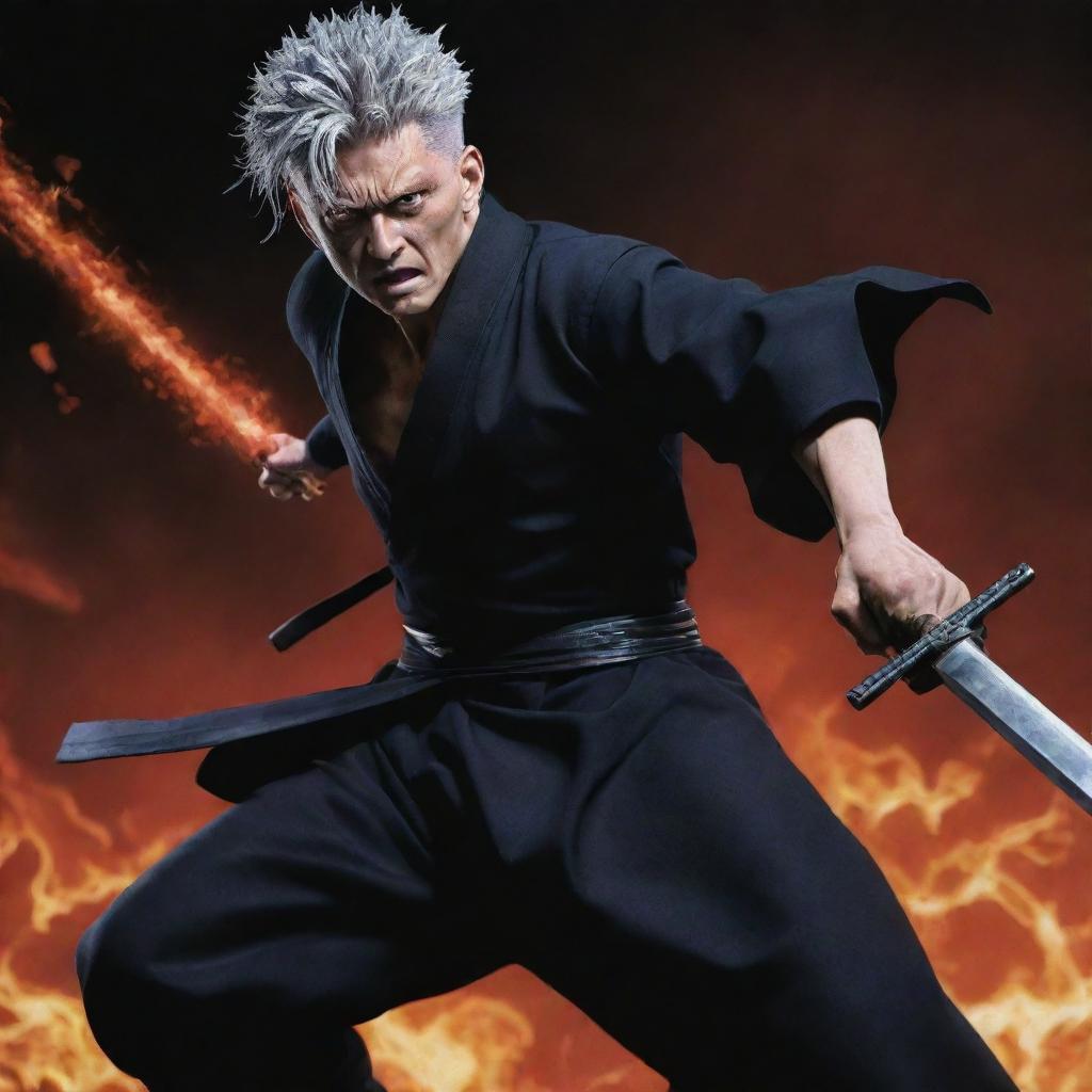 A vivid representation of Toji Fushiguro from Jujutsu Kaisen in an action pose, holding his cursed weapon, full of energy and intensity.