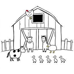 A simple black and white drawing depicting a farm scene