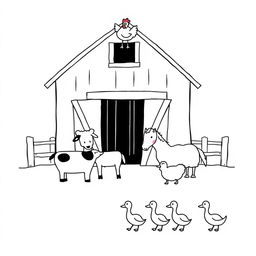 A simple black and white drawing depicting a farm scene