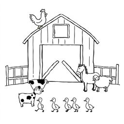 A simple black and white drawing depicting a farm scene