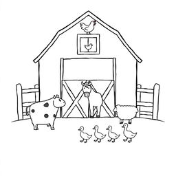 A simple black and white drawing depicting a farm scene