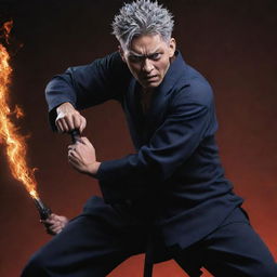 A vivid representation of Toji Fushiguro from Jujutsu Kaisen in an action pose, holding his cursed weapon, full of energy and intensity.