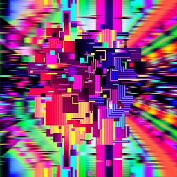 An abstract representation of a glitch, featuring distorted colors and fragmented shapes