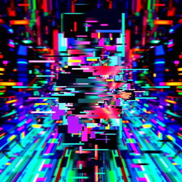 An abstract representation of a glitch, featuring distorted colors and fragmented shapes