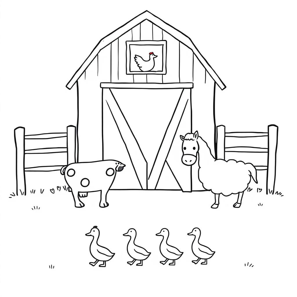 A simple black and white drawing illustrating a farm scene