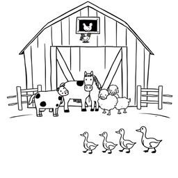 A simple black and white drawing illustrating a farm scene