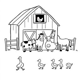 A simple black and white drawing illustrating a farm scene