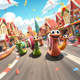 A dynamic and colorful scene featuring vibrant racing snails inspired by DreamWorks' Turbo Fast, set in a lively cartoonish town