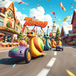 A dynamic and colorful scene featuring vibrant racing snails inspired by DreamWorks' Turbo Fast, set in a lively cartoonish town