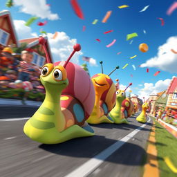 A dynamic and colorful scene featuring vibrant racing snails inspired by DreamWorks' Turbo Fast, set in a lively cartoonish town