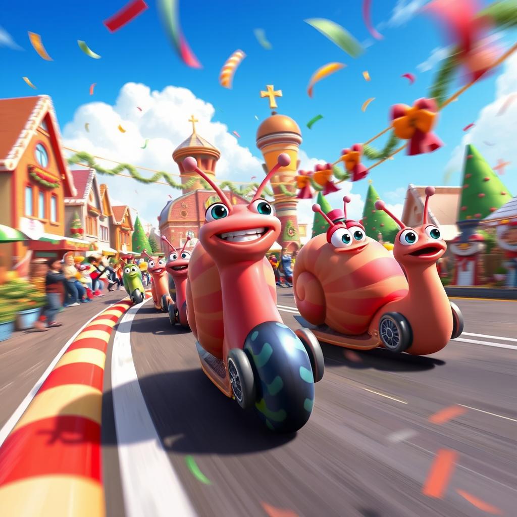 A dynamic and colorful scene featuring vibrant racing snails inspired by DreamWorks' Turbo Fast, set in a lively cartoonish town