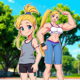 A character design featuring an 11-year-old blonde female with her hair tied up in a high ponytail