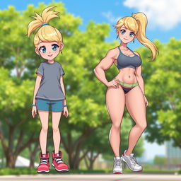 A character design featuring an 11-year-old blonde female with her hair tied up in a high ponytail