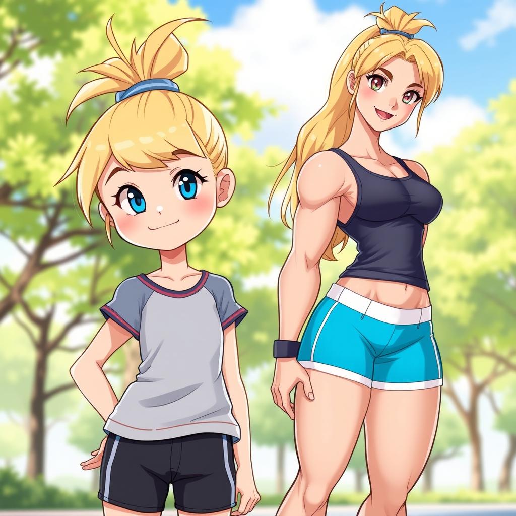 A character design featuring an 11-year-old blonde female with her hair tied up in a high ponytail