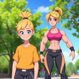 A character design featuring an 11-year-old blonde female with her hair tied up in a high ponytail