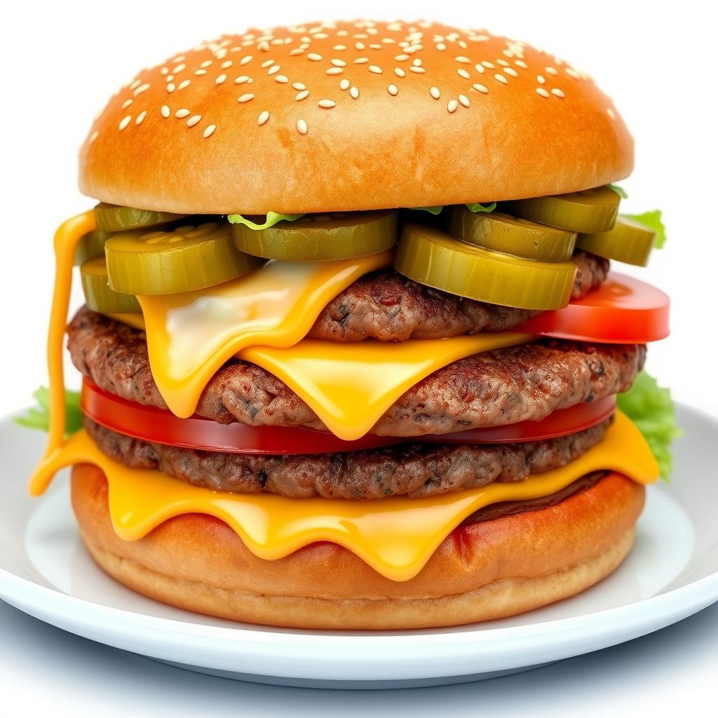 A hyper-realistic 3D rendering of a delicious double meat cheeseburger, featuring two juicy beef patties stacked high