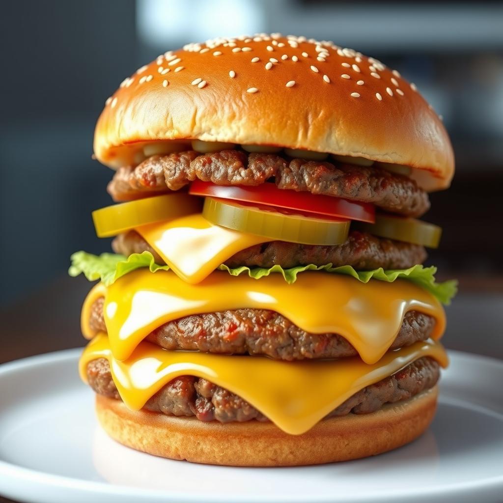 A hyper-realistic 3D rendering of a delicious double meat cheeseburger, featuring two juicy beef patties stacked high