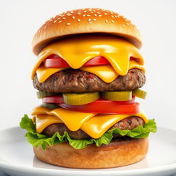 A hyper-realistic 3D rendering of a delicious double meat cheeseburger, featuring two juicy beef patties stacked high