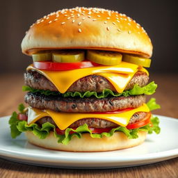 A hyper-realistic 3D rendering of a delicious double meat cheeseburger, featuring two juicy beef patties stacked high