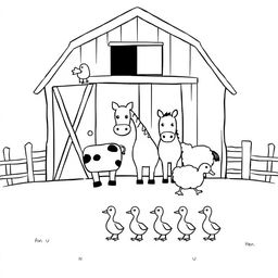 A simple black and white drawing depicting a charming farm scene