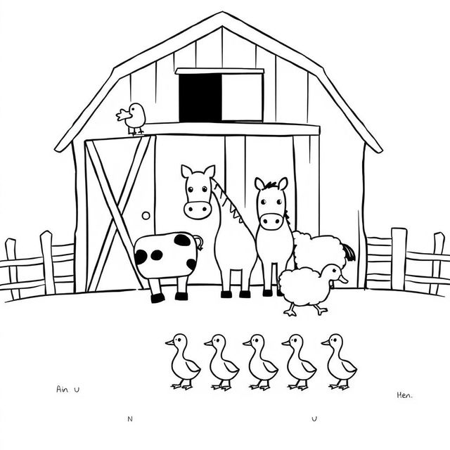 A simple black and white drawing depicting a charming farm scene