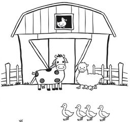 A simple black and white drawing depicting a charming farm scene