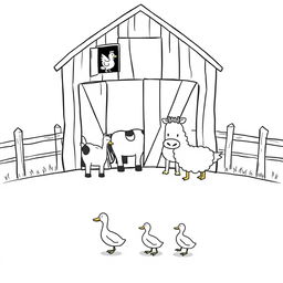 A simple black and white drawing depicting a charming farm scene