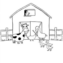 A simple black and white drawing depicting a charming farm scene