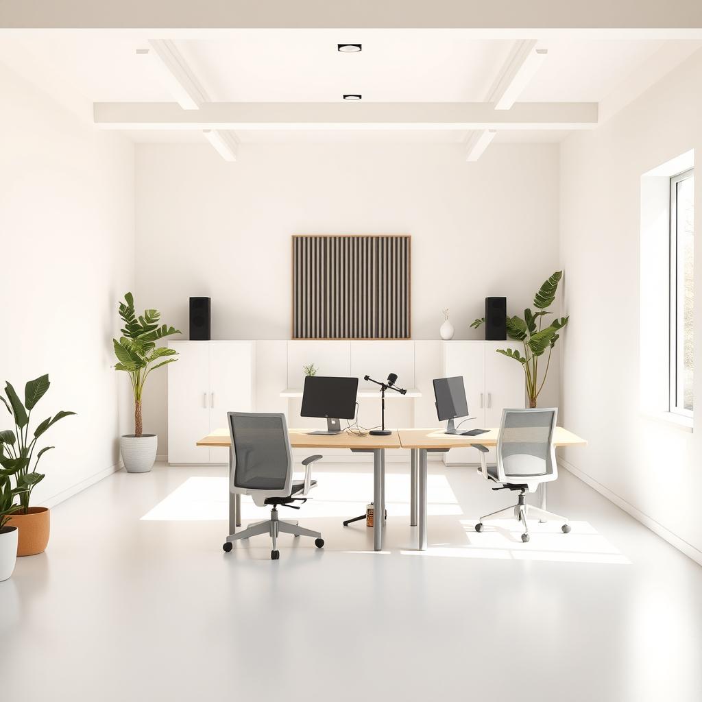 A minimalist office space featuring two modern workstations located at the back of the room, positioned near a window to maximize natural light