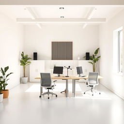 A minimalist office space featuring two modern workstations located at the back of the room, positioned near a window to maximize natural light