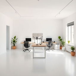 A minimalist office space featuring two modern workstations located at the back of the room, positioned near a window to maximize natural light