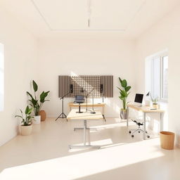 A minimalist office space featuring two modern workstations located at the back of the room, positioned near a window to maximize natural light