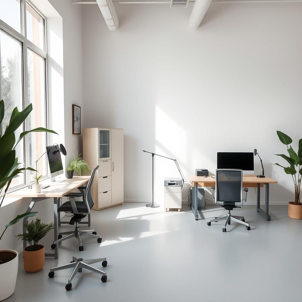 A minimalist office space featuring two modern workstations located at the back of the room, positioned near a window to maximize natural light