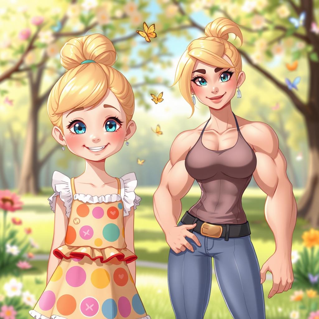 A character design featuring an 11-year-old blonde female with her hair tied up in a cute bun