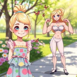 A character design featuring an 11-year-old blonde female with her hair tied up in a cute bun