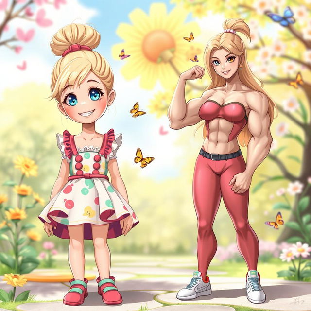 A character design featuring an 11-year-old blonde female with her hair tied up in a cute bun