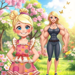 A character design featuring an 11-year-old blonde female with her hair tied up in a cute bun