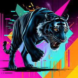 A striking illustration combining a Black Tiger (Tigre Negro) and glitch art elements