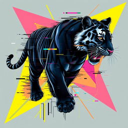 A striking illustration combining a Black Tiger (Tigre Negro) and glitch art elements