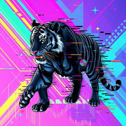 A striking illustration combining a Black Tiger (Tigre Negro) and glitch art elements