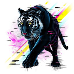 A striking illustration combining a Black Tiger (Tigre Negro) and glitch art elements