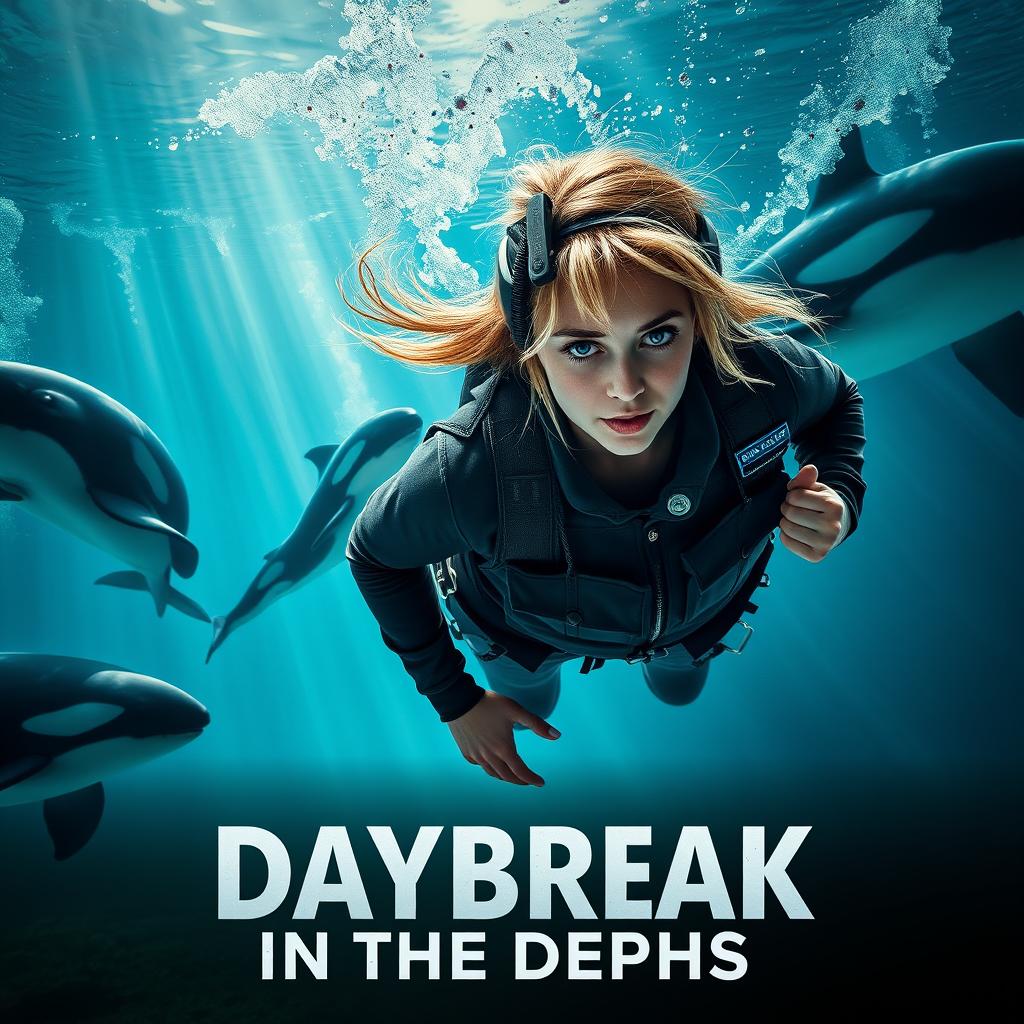 A striking movie poster featuring a young woman with dirty blonde hair diving into a marine park tank of water