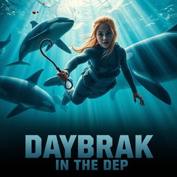 A striking movie poster featuring a young woman with dirty blonde hair diving into a marine park tank of water