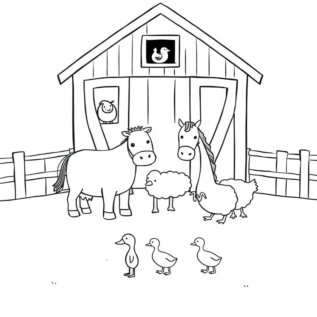 A black and white drawing depicting a simple and charming farm scene