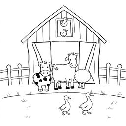 A black and white drawing depicting a simple and charming farm scene