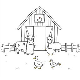 A black and white drawing depicting a simple and charming farm scene