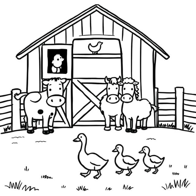 A black and white drawing depicting a simple and charming farm scene